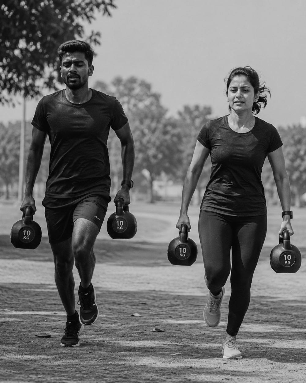 Two A-ROK athletes carrying 10&nbsp;kg kettlebells in each hand along a park path